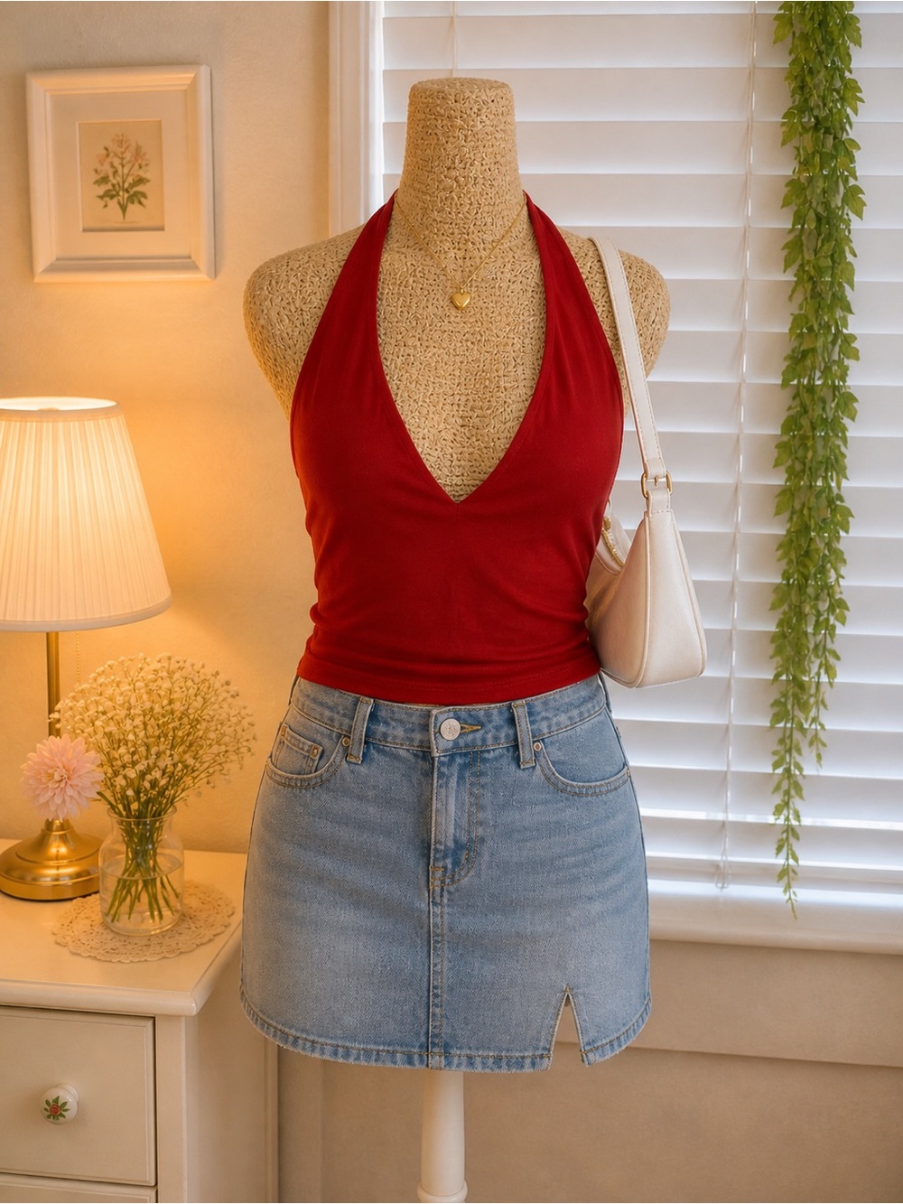 Deep Red Halter V-Neck Crop Top